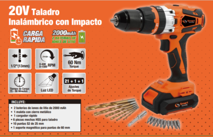TALADRO IMPACTO INALAMBRICO LI-ION 20V13MM, 60NM